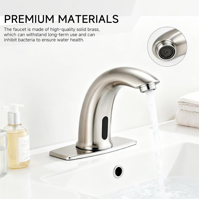 banhao Touchless Bathroom Sink Faucet Automatic Motion Sensor Hands Free Faucet with Hole Cover Plate Water Valve,Commercial Solid Brass Faucet,1 Hole or 3 Hole,Brushed Nickel - Image 3